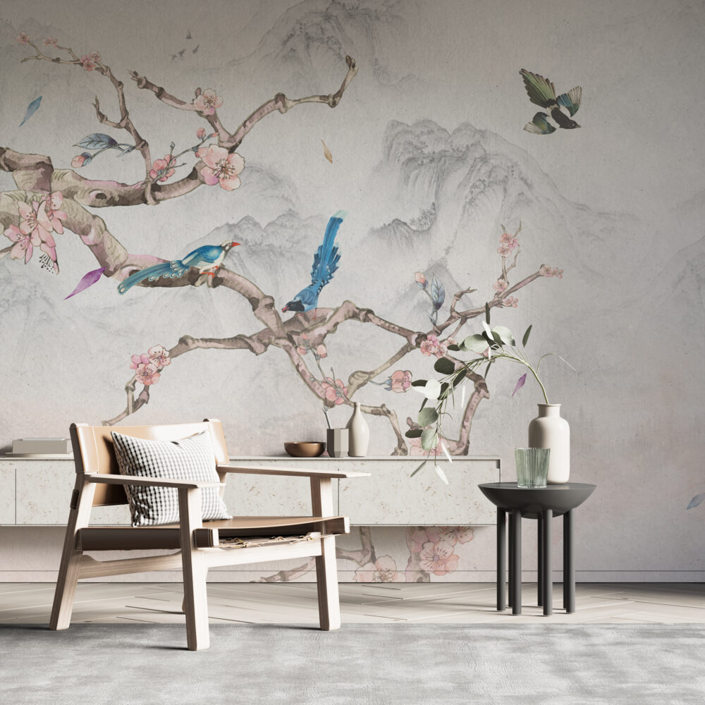 Bird On Branch Wallpaper : Blue Magpie And Blossom Mural - View 3