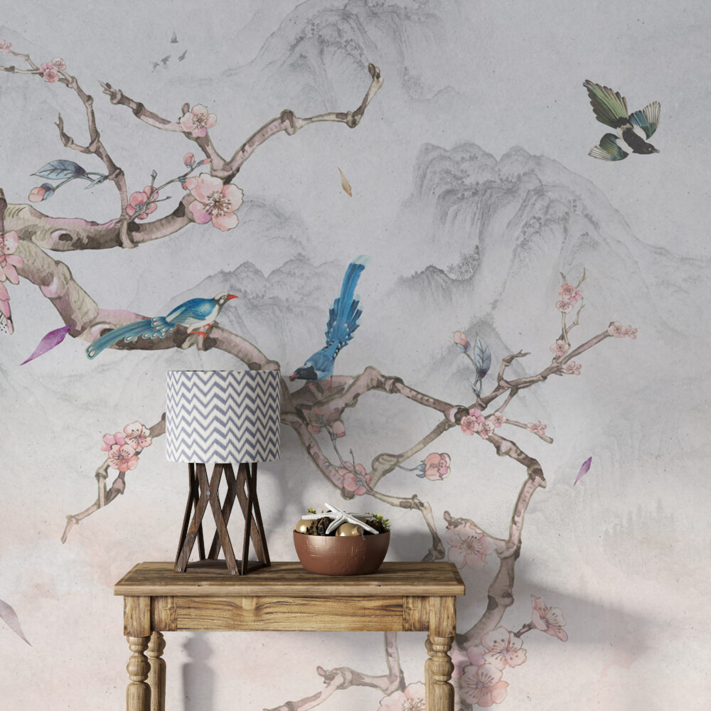 Bird On Branch Wallpaper : Blue Magpie And Blossom Mural - View 4