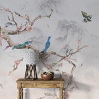 Bird On Branch Wallpaper : Blue Magpie And Blossom Mural - View 4
