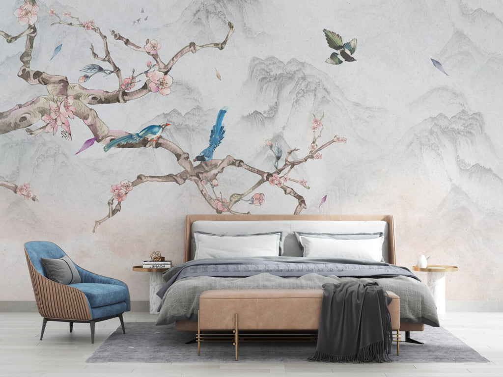 Bird On Branch Wallpaper : Blue Magpie And Blossom Mural - View 5