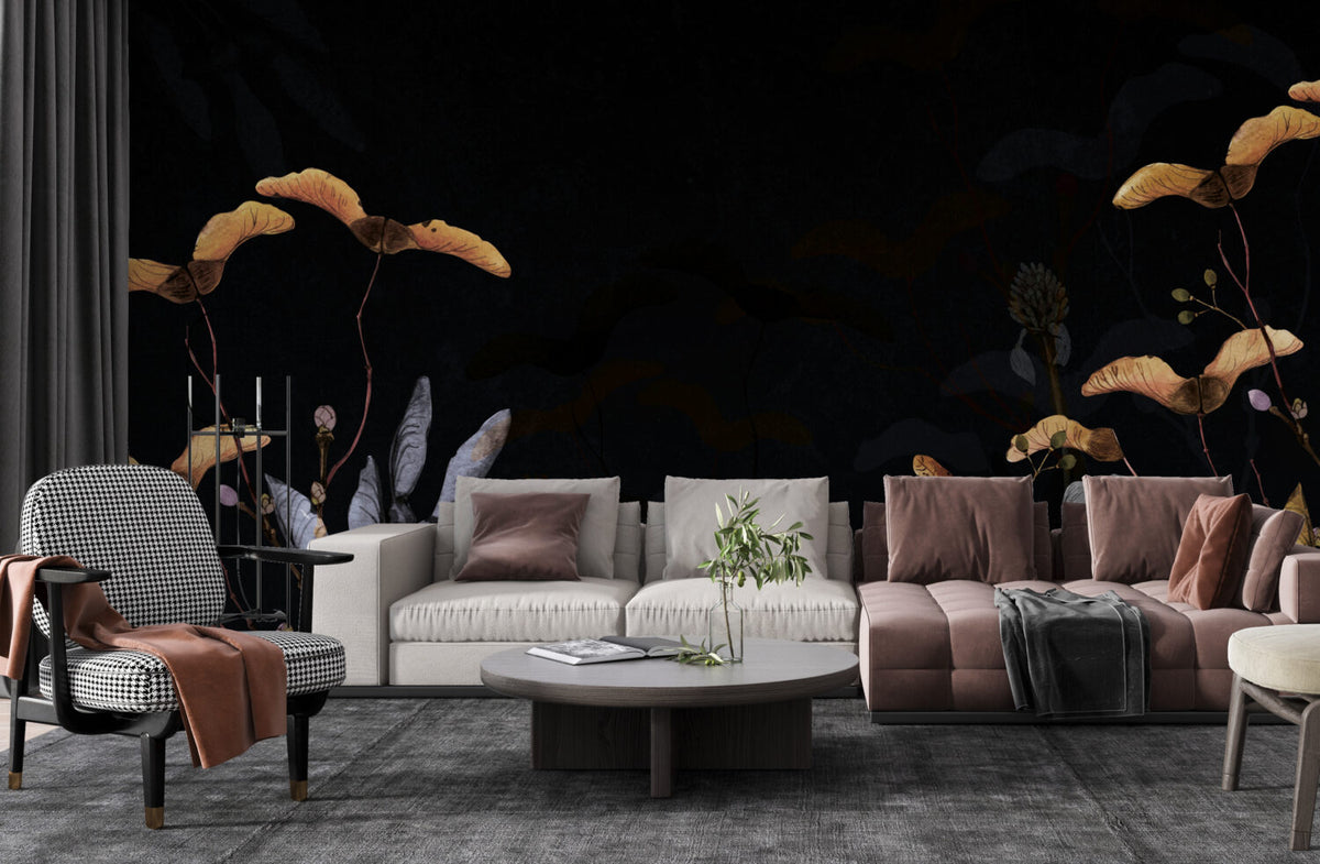 Black Gold Leaf Wallpaper : Dark Botanical Border Mural - View 5