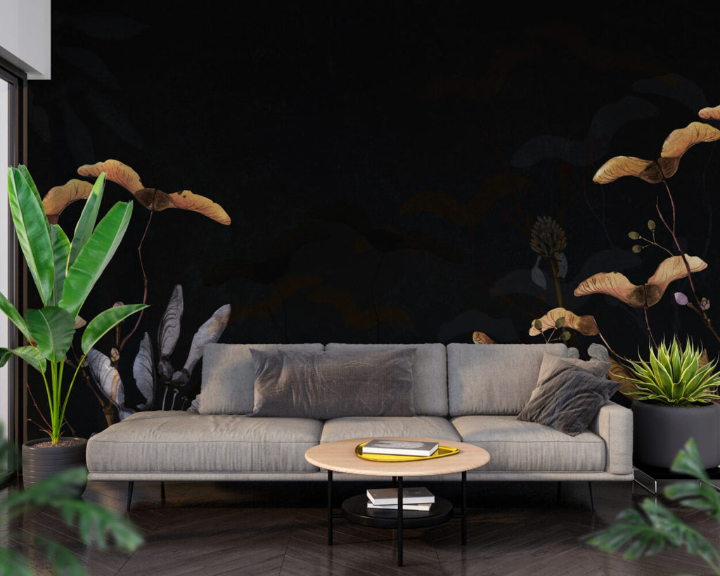 Black Gold Leaf Wallpaper : Dark Botanical Border Mural - View 3