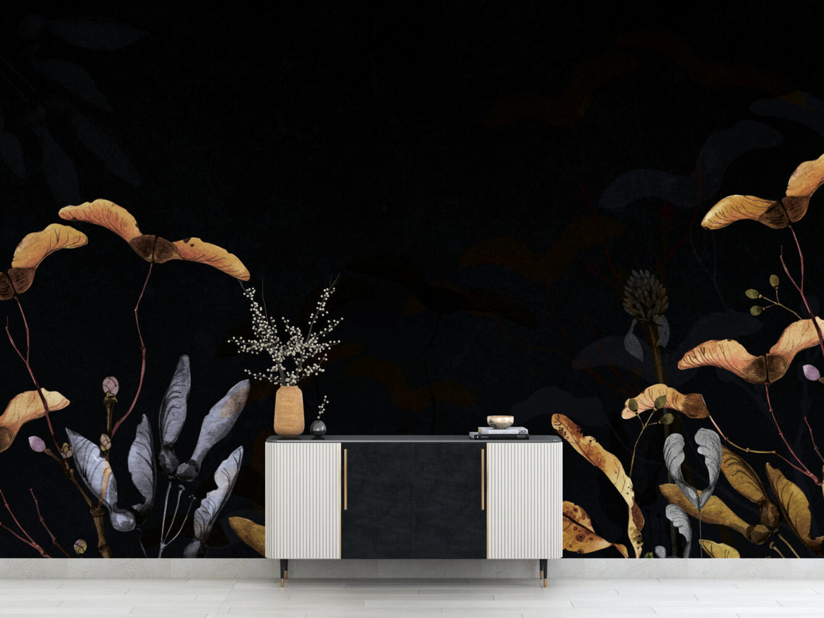 Black Gold Leaf Wallpaper : Dark Botanical Border Mural - View 4