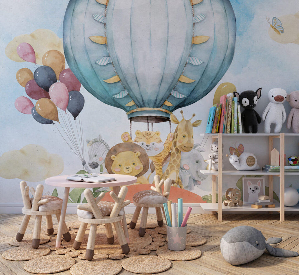 Rainbow Animals Wallpaper : Hot Air Balloon Safari Kids Mural - View 5