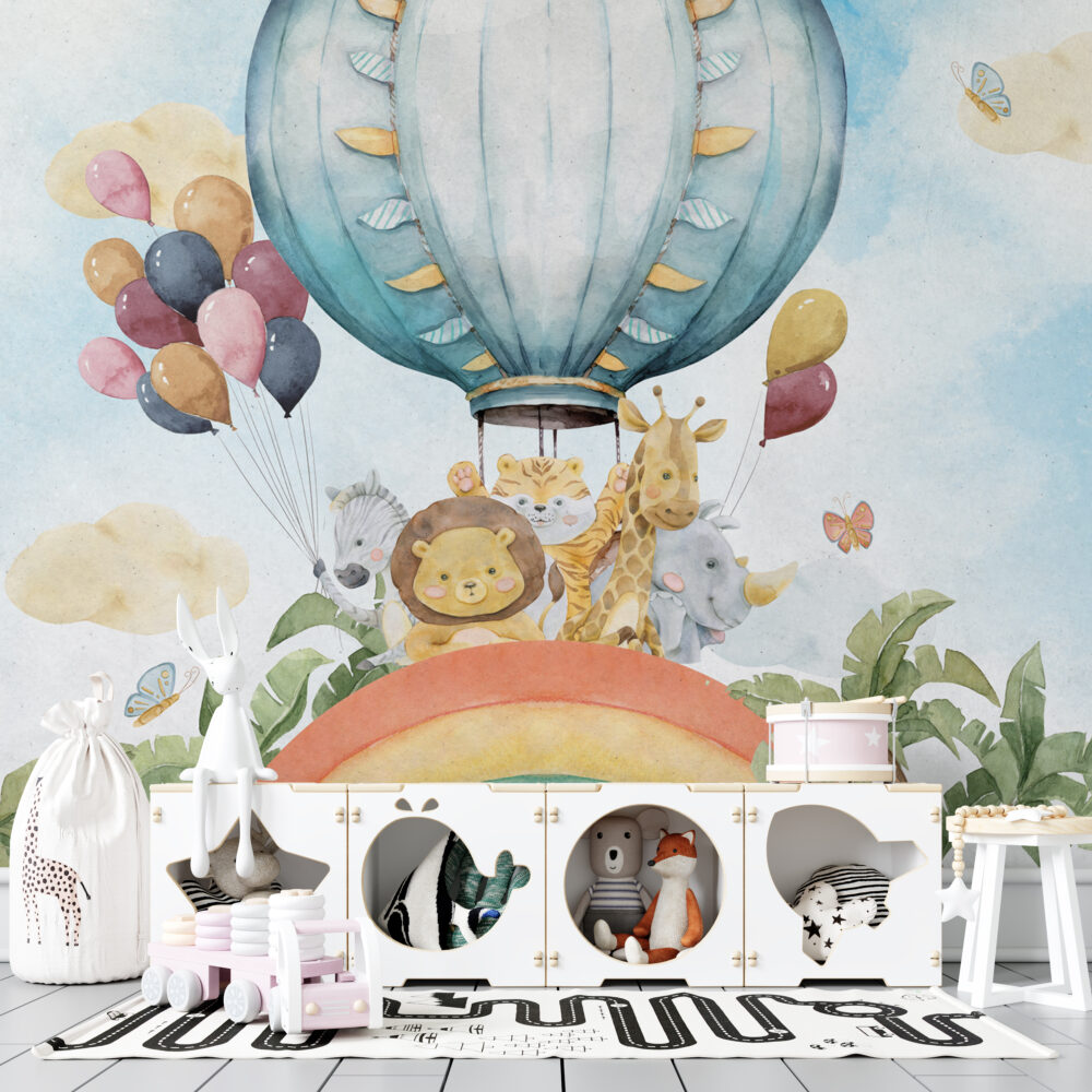 Rainbow Animals Wallpaper : Hot Air Balloon Safari Kids Mural - View 3