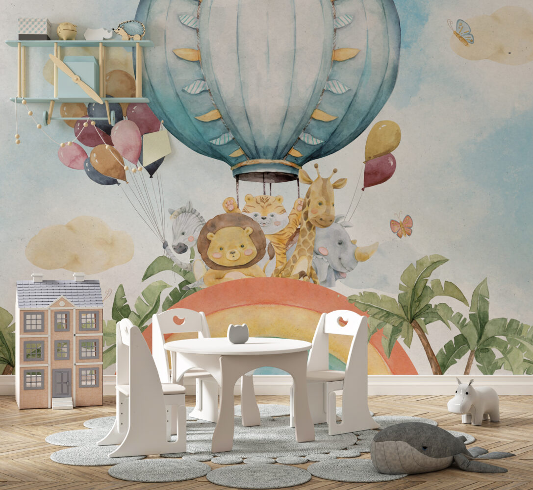 Rainbow Animals Wallpaper : Hot Air Balloon Safari Kids Mural - View 4