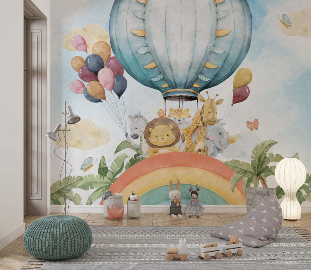 Rainbow Animals Wallpaper : Hot Air Balloon Safari Kids Mural