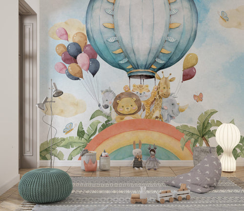 Rainbow Animals Wallpaper : Hot Air Balloon Safari Kids Mural
