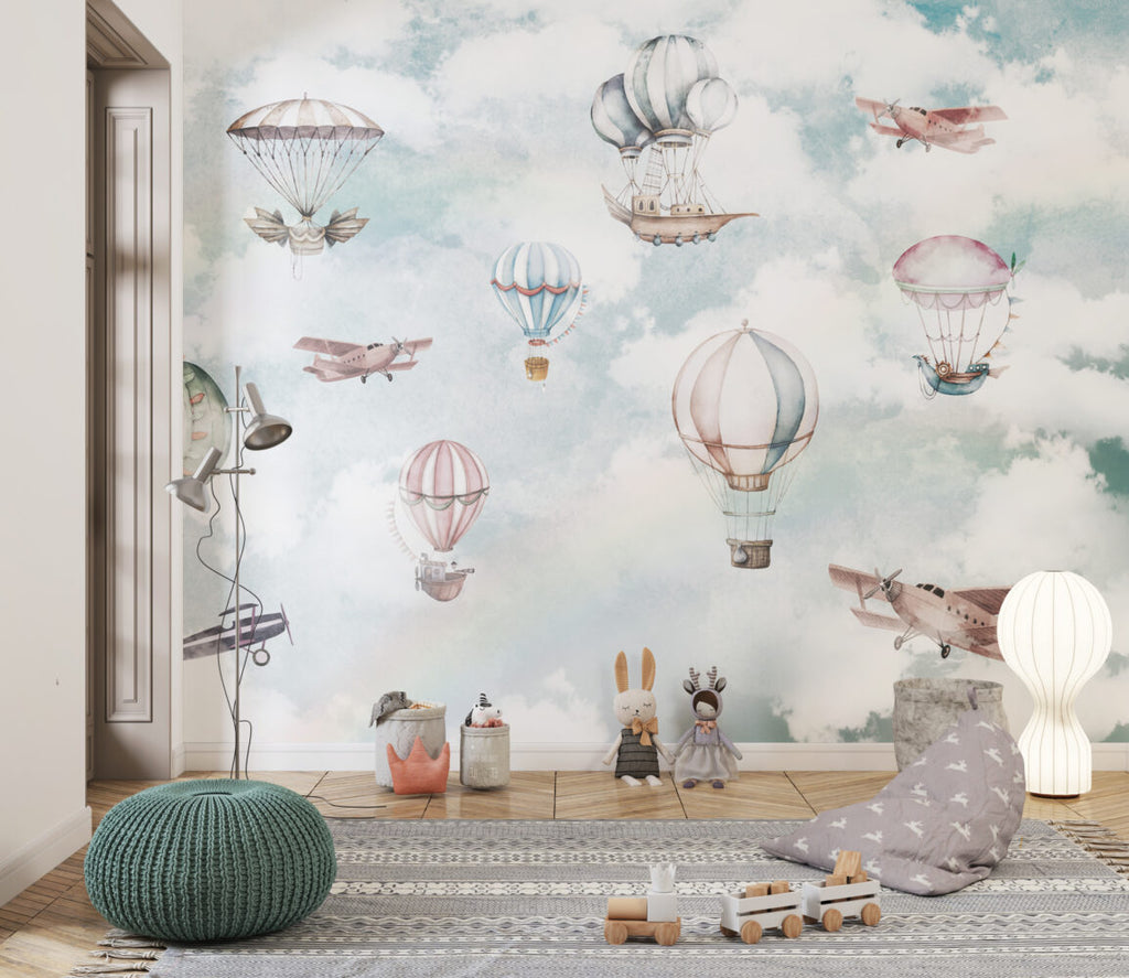 Hot Air Balloon Wallpaper : Pastel Sky Kids Mural - View 6