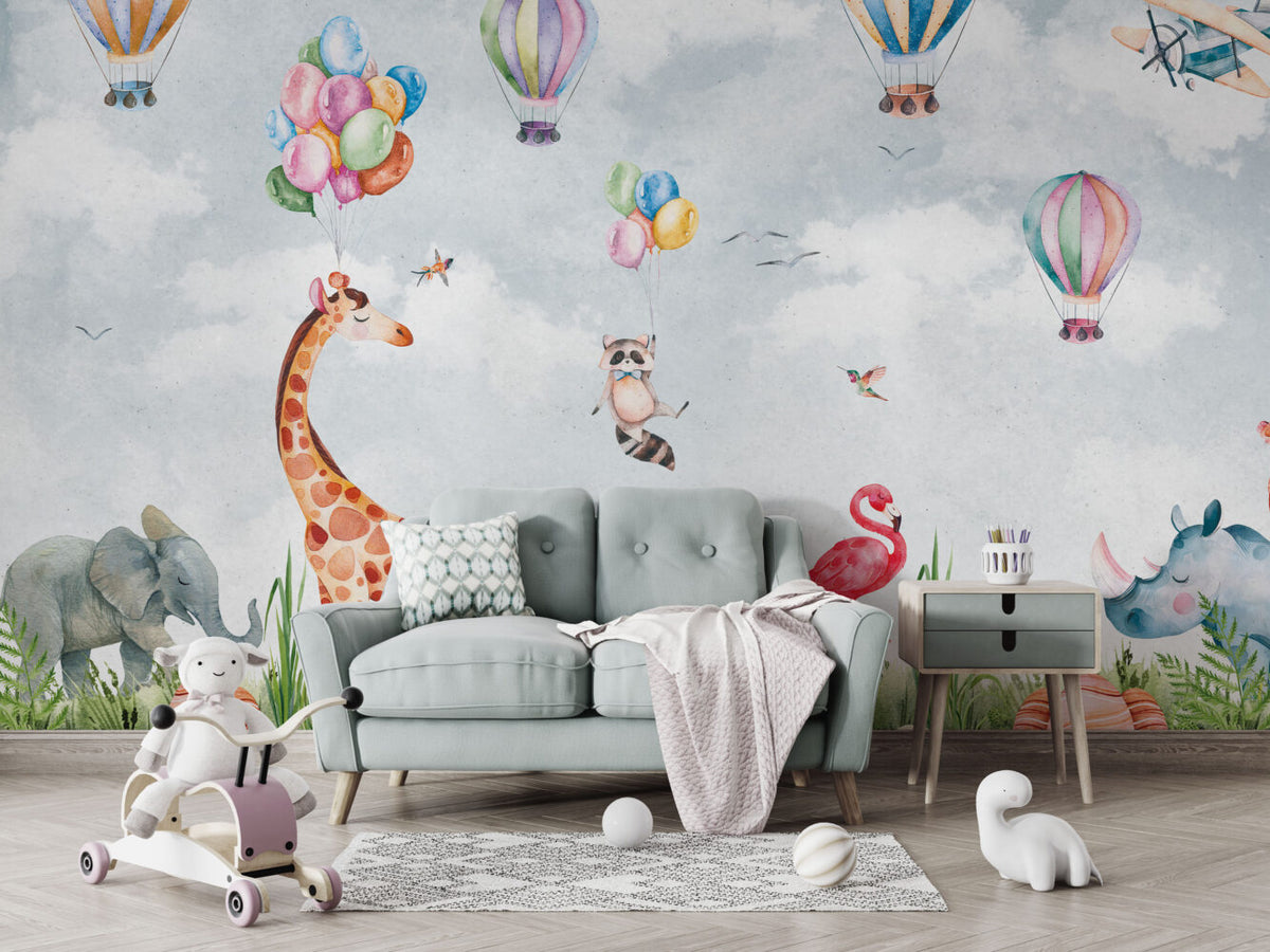 Raccoon Balloon Wallpaper : Giraffe And Flamingo Kids Mural - View 5