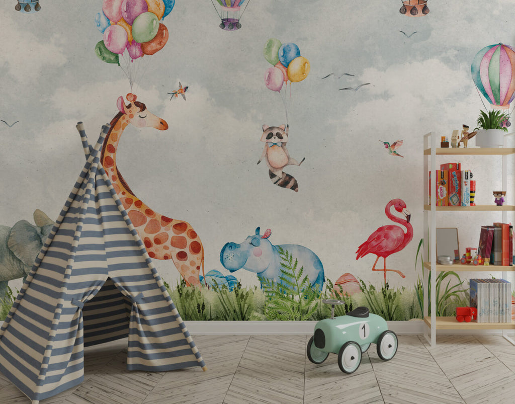 Raccoon Balloon Wallpaper : Giraffe And Flamingo Kids Mural - View 4