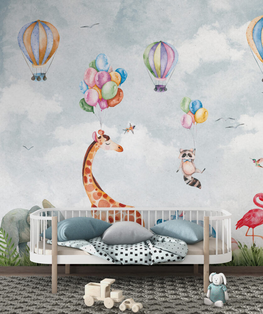 Raccoon Balloon Wallpaper : Giraffe And Flamingo Kids Mural - View 3