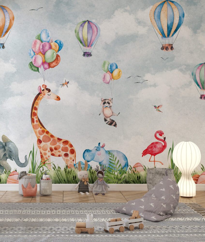 Raccoon Balloon Wallpaper : Giraffe And Flamingo Kids Mural