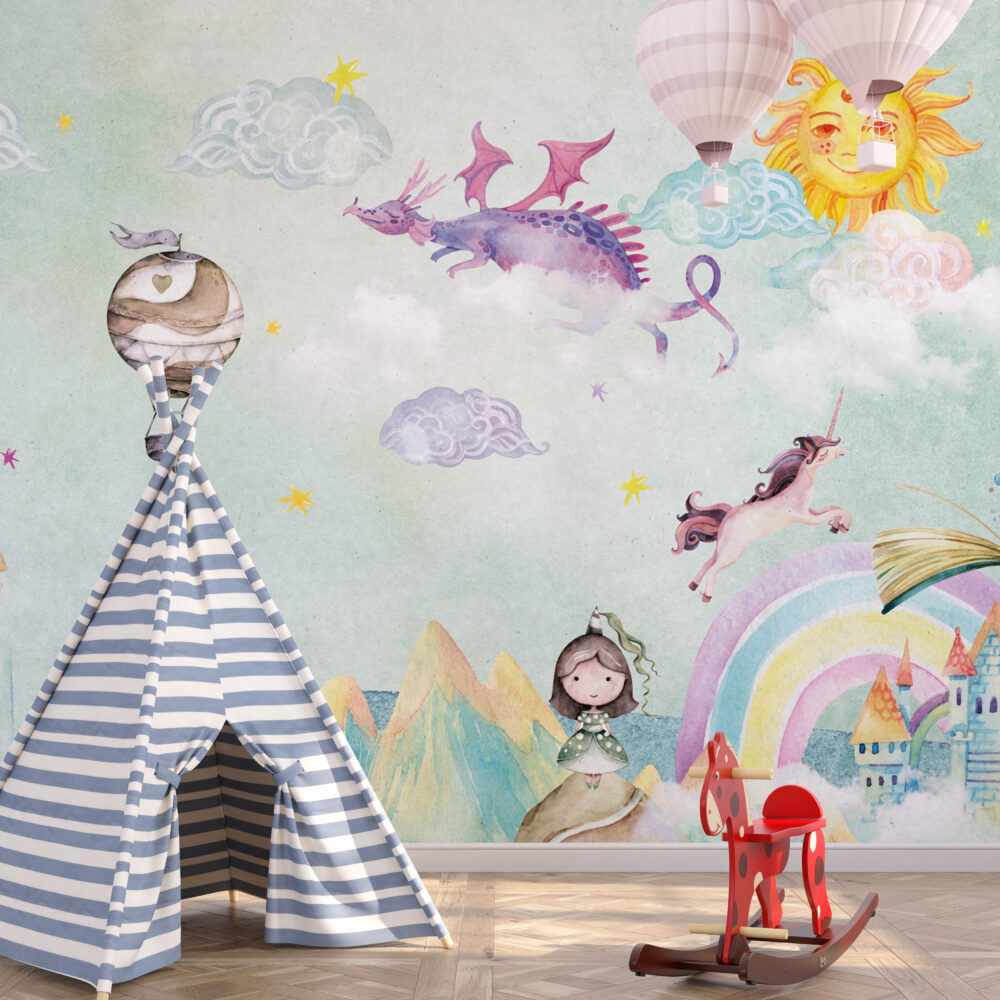 Fairy Tale Dragon Wallpaper : Pastel Rainbow Castle Kids Mural