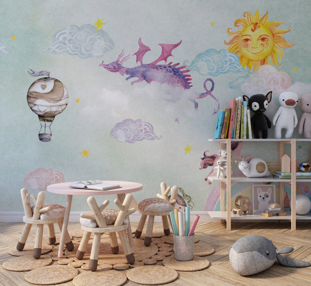 Fairy Tale Dragon Wallpaper : Pastel Rainbow Castle Kids Mural - View 4
