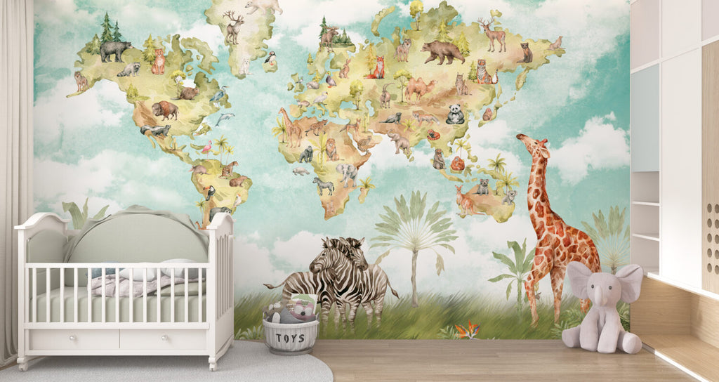 Safari World Map Wallpaper : Watercolor Animals Kids Mural - View 5