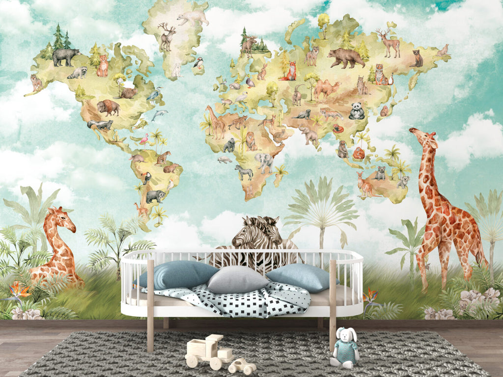 Safari World Map Wallpaper : Watercolor Animals Kids Mural - View 6