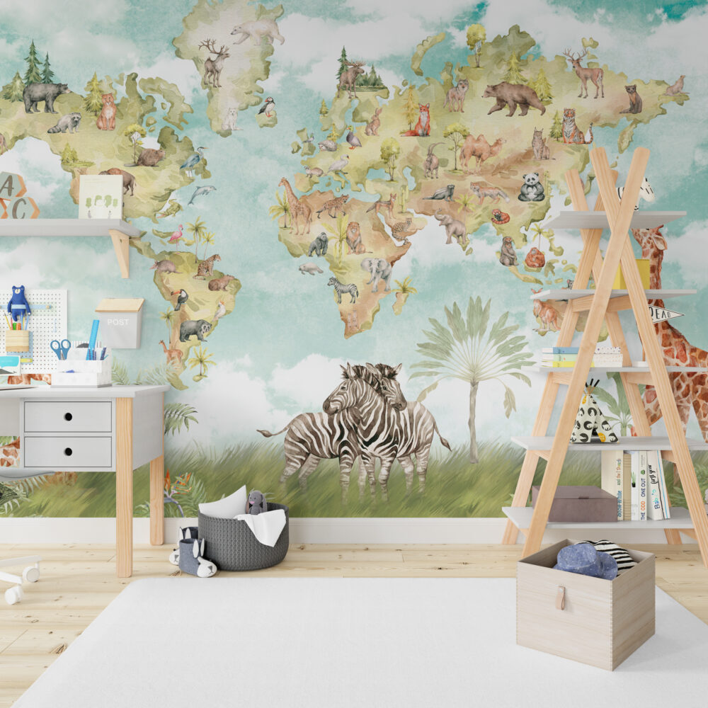 Safari World Map Wallpaper : Watercolor Animals Kids Mural - View 3