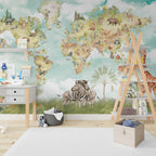 Safari World Map Wallpaper : Watercolor Animals Kids Mural - View 3
