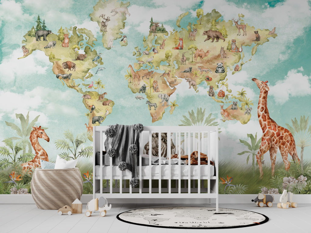 Safari World Map Wallpaper : Watercolor Animals Kids Mural - View 4
