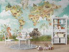 Safari World Map Wallpaper : Watercolor Animals Kids Mural