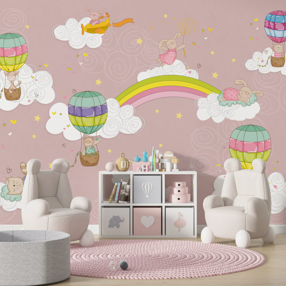 Pink Rainbow Balloon Wallpaper : Clouds And Stars Kids Mural