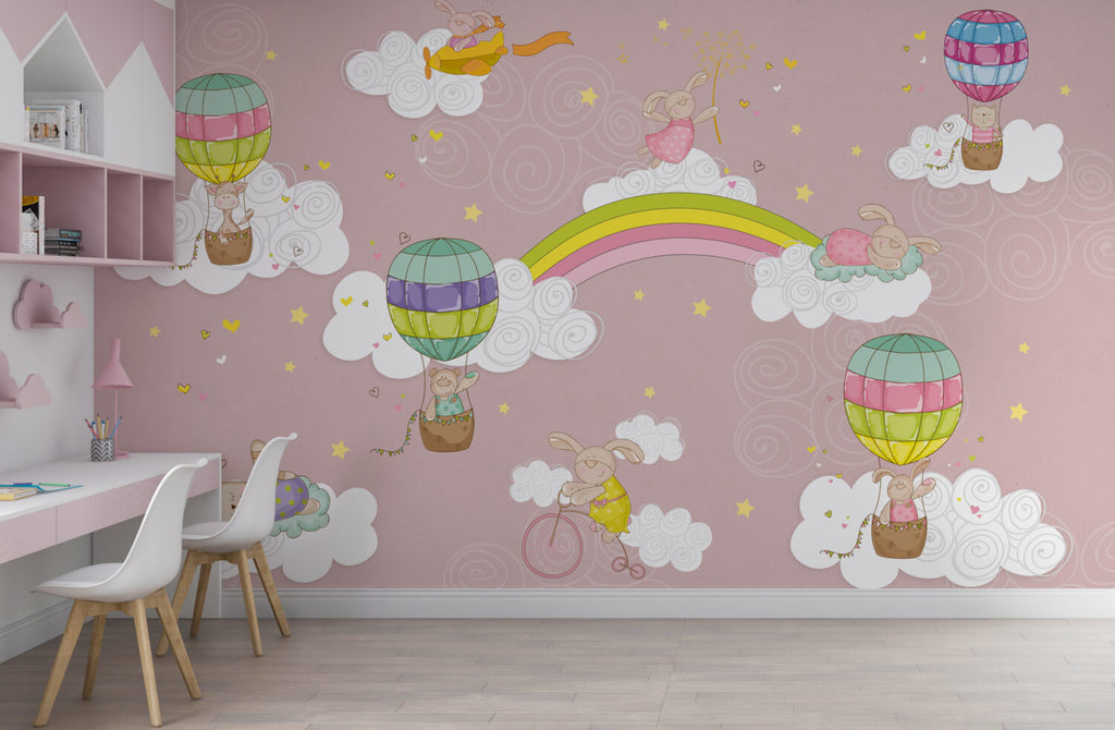 Pink Rainbow Balloon Wallpaper : Clouds And Stars Kids Mural - View 6