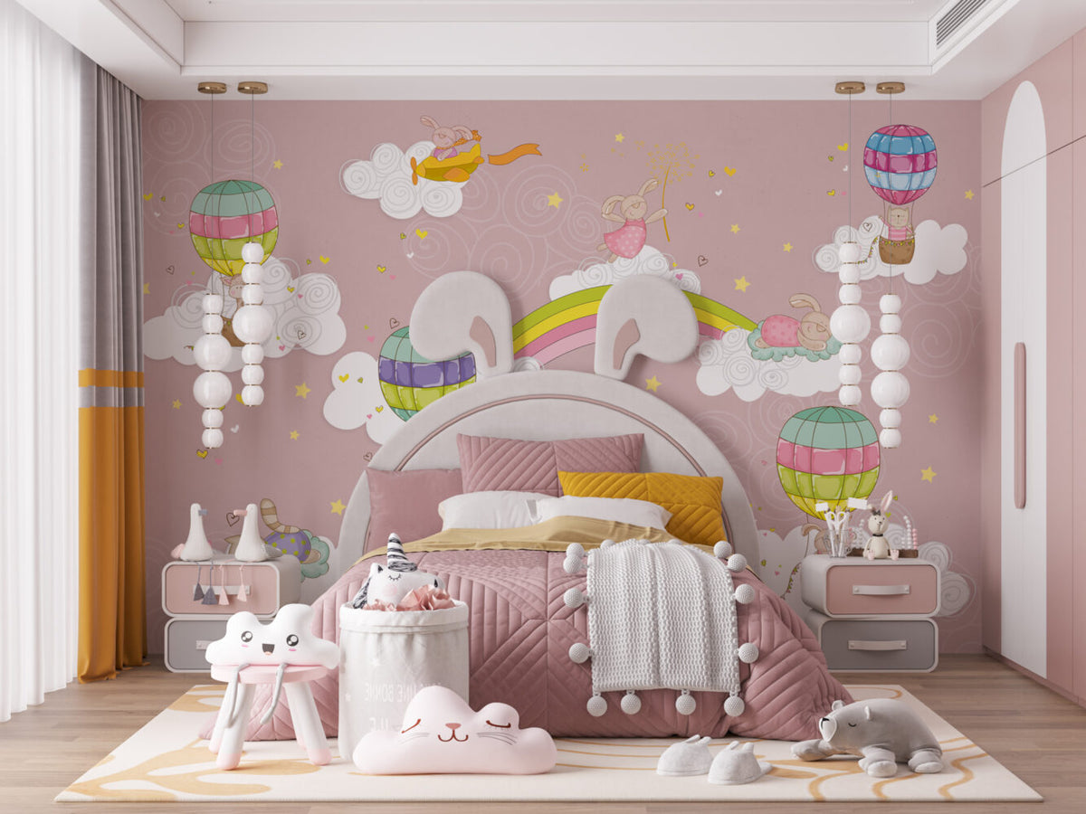Pink Rainbow Balloon Wallpaper : Clouds And Stars Kids Mural - View 3