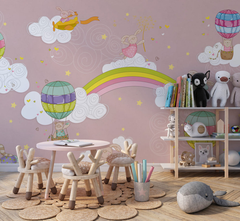Pink Rainbow Balloon Wallpaper : Clouds And Stars Kids Mural - View 5