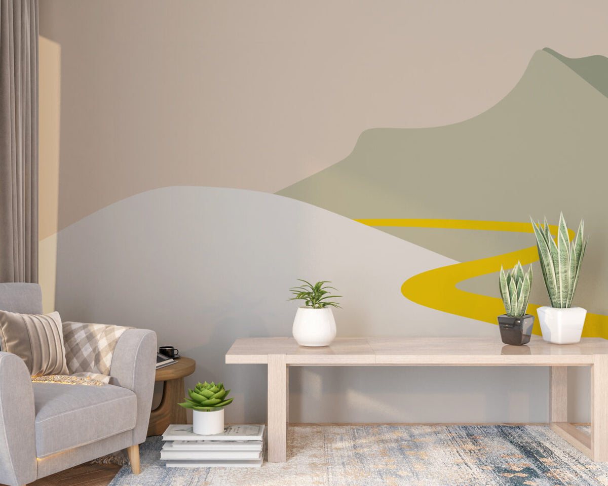 Boho Mountain Wallpaper : Minimal Sage And Yellow Hills Mural - View 3