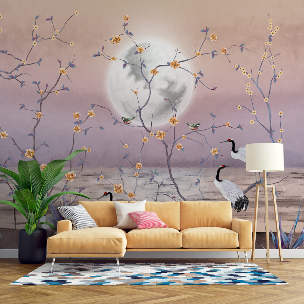 Moonlight Crane Wallpaper : Lilac Chinoiserie Blossom Mural - View 6