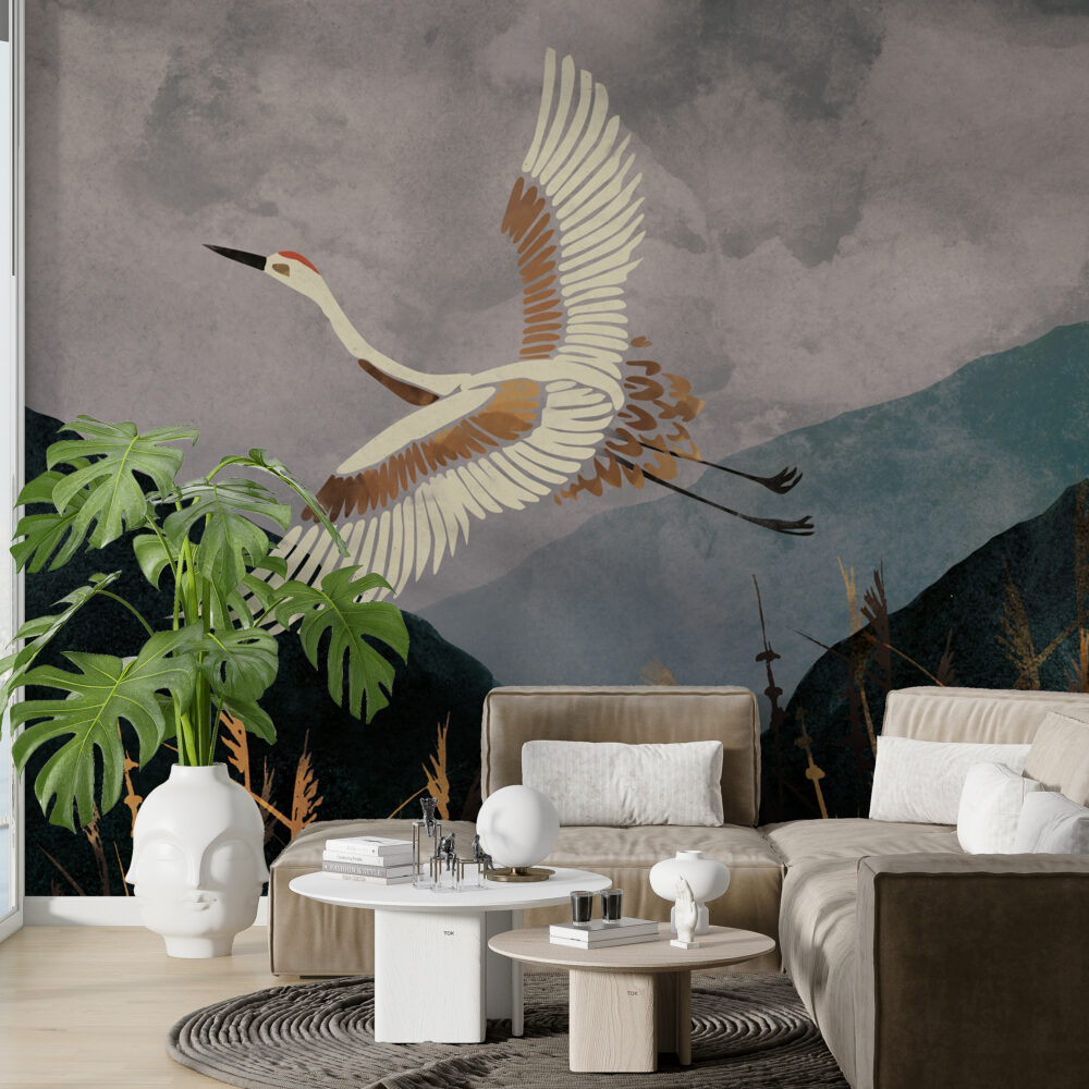 Flying Crane Wallpaper : Dark Mountain Landscape Mural - View 6