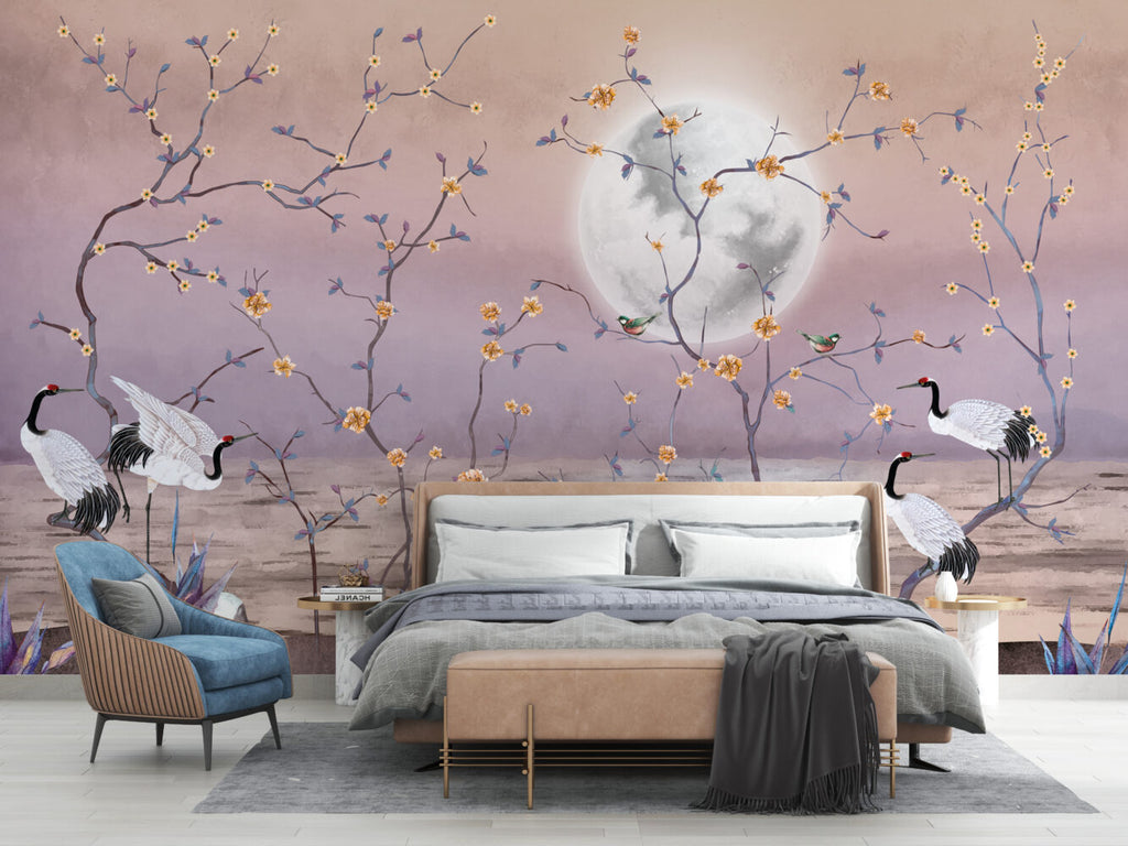 Moonlight Crane Wallpaper : Lilac Chinoiserie Blossom Mural - View 3