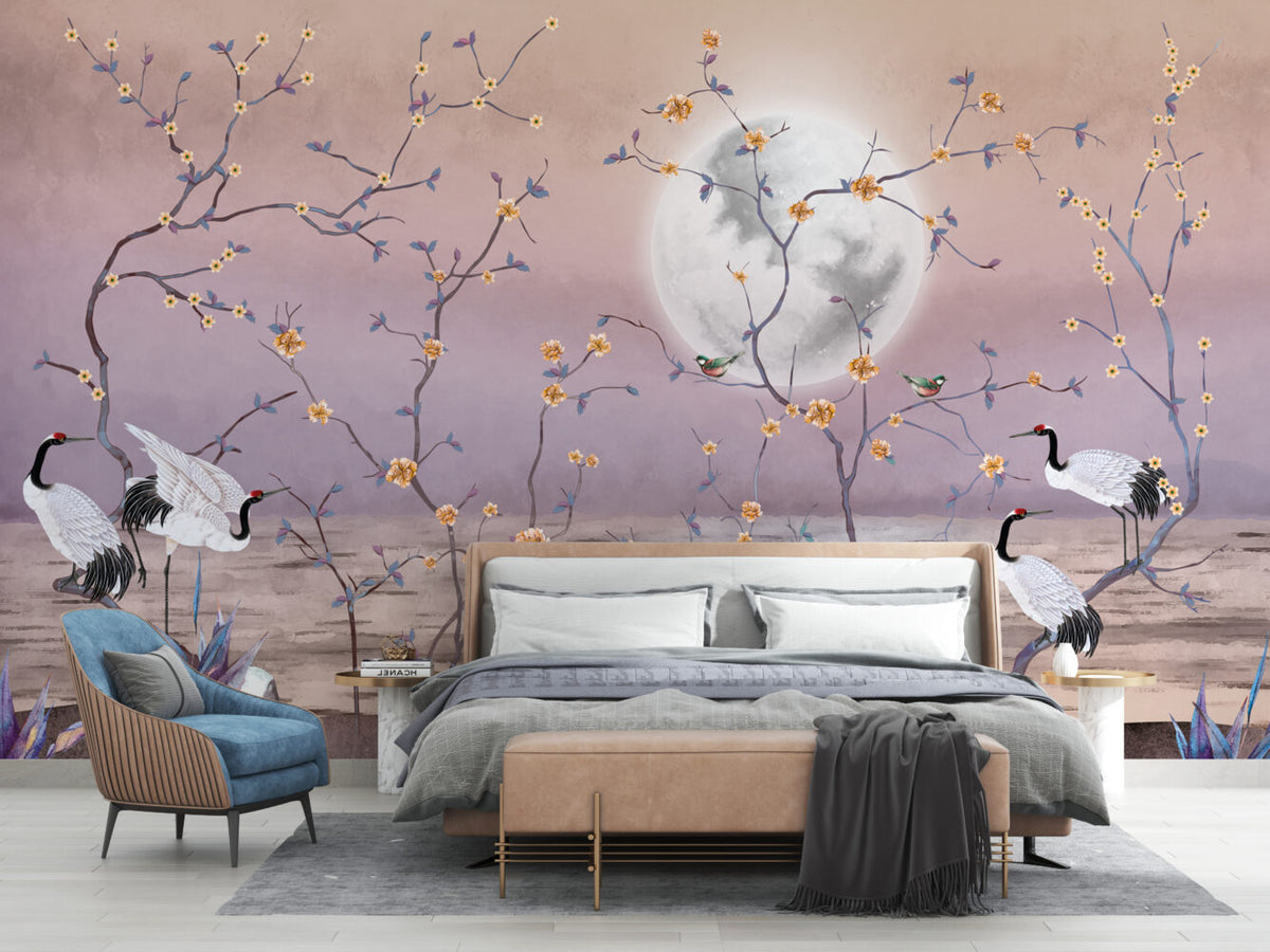 Moonlight Crane Wallpaper : Lilac Chinoiserie Blossom Mural - View 3