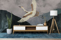 Flying Crane Wallpaper : Dark Mountain Landscape Mural