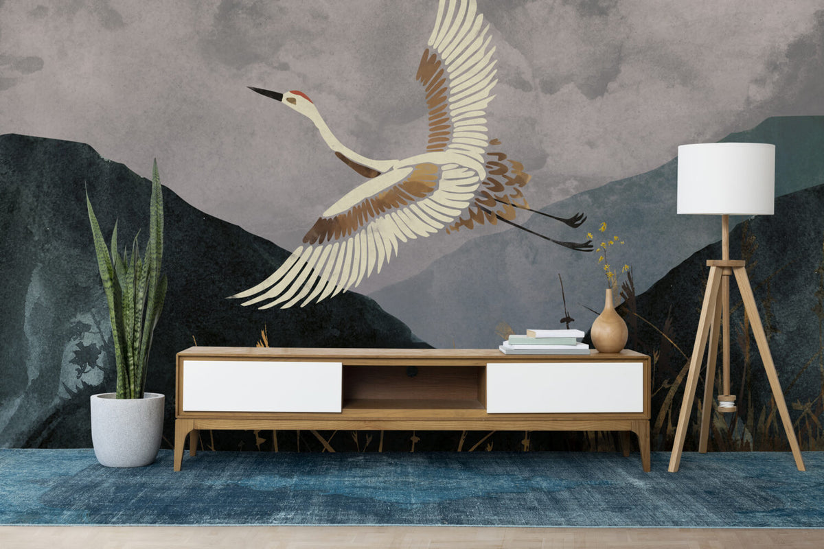 Flying Crane Wallpaper : Dark Mountain Landscape Mural