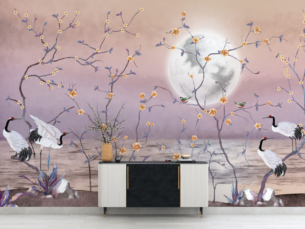 Moonlight Crane Wallpaper : Lilac Chinoiserie Blossom Mural - View 4