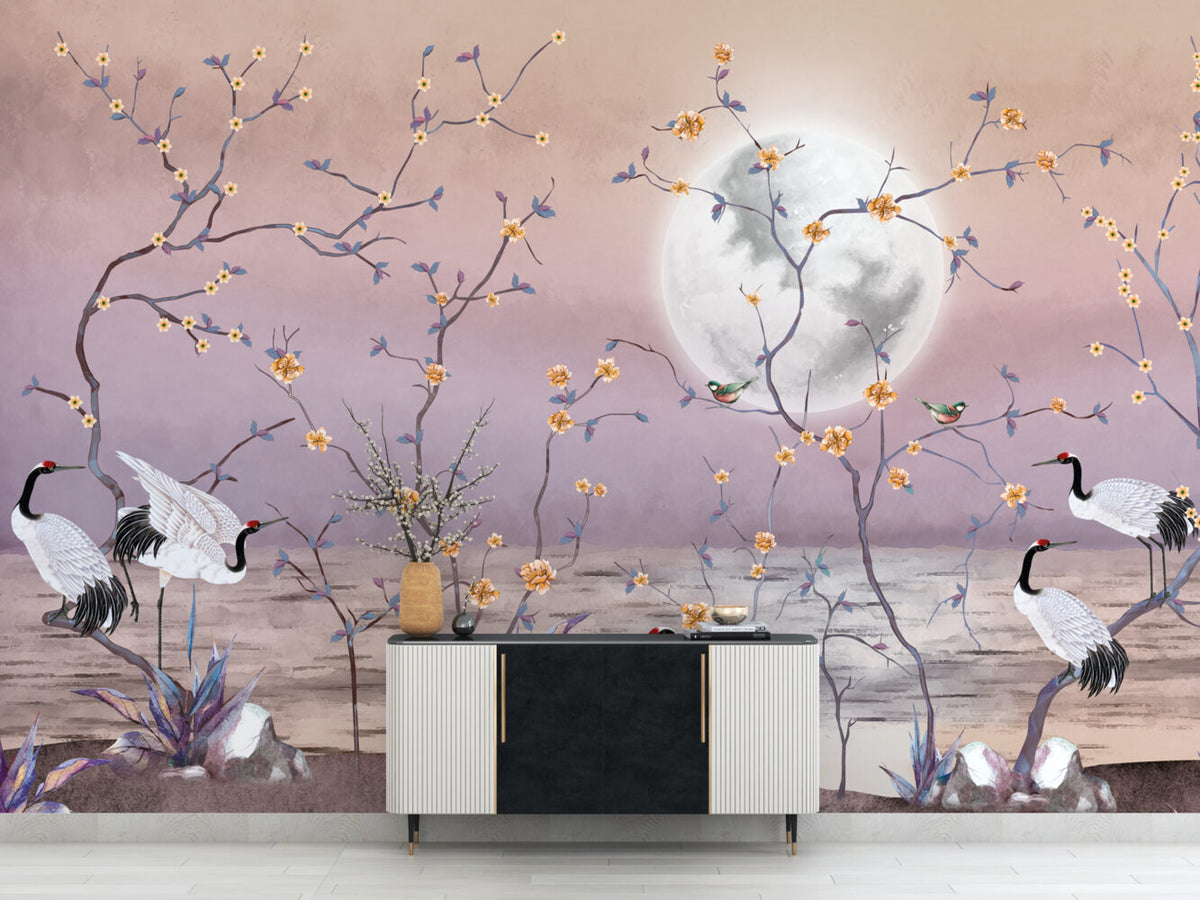 Moonlight Crane Wallpaper : Lilac Chinoiserie Blossom Mural - View 4