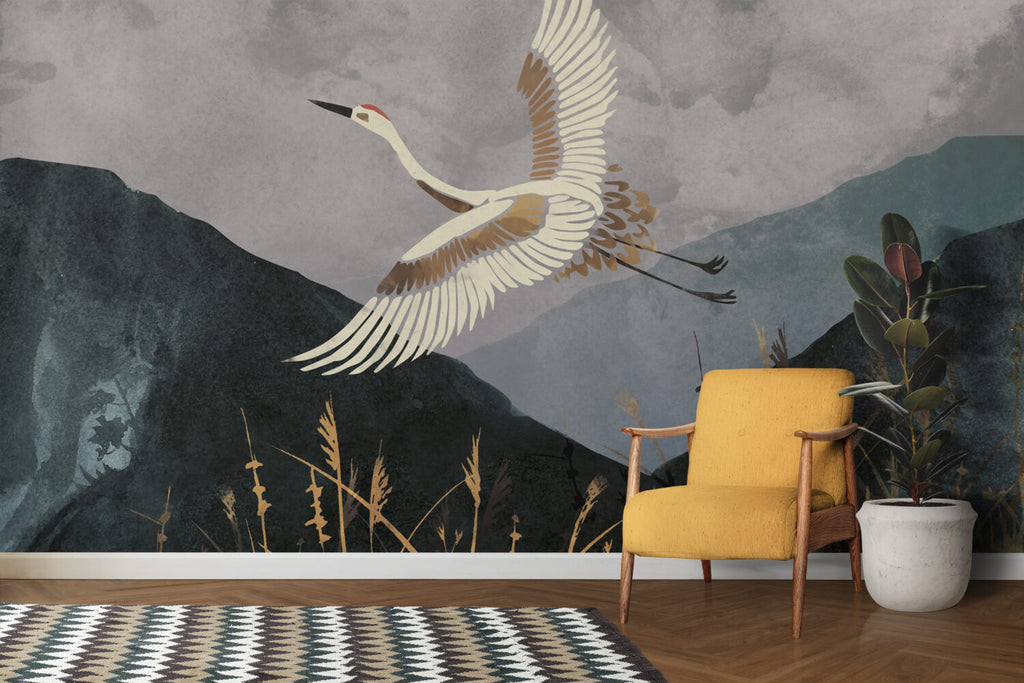Flying Crane Wallpaper : Dark Mountain Landscape Mural - View 3