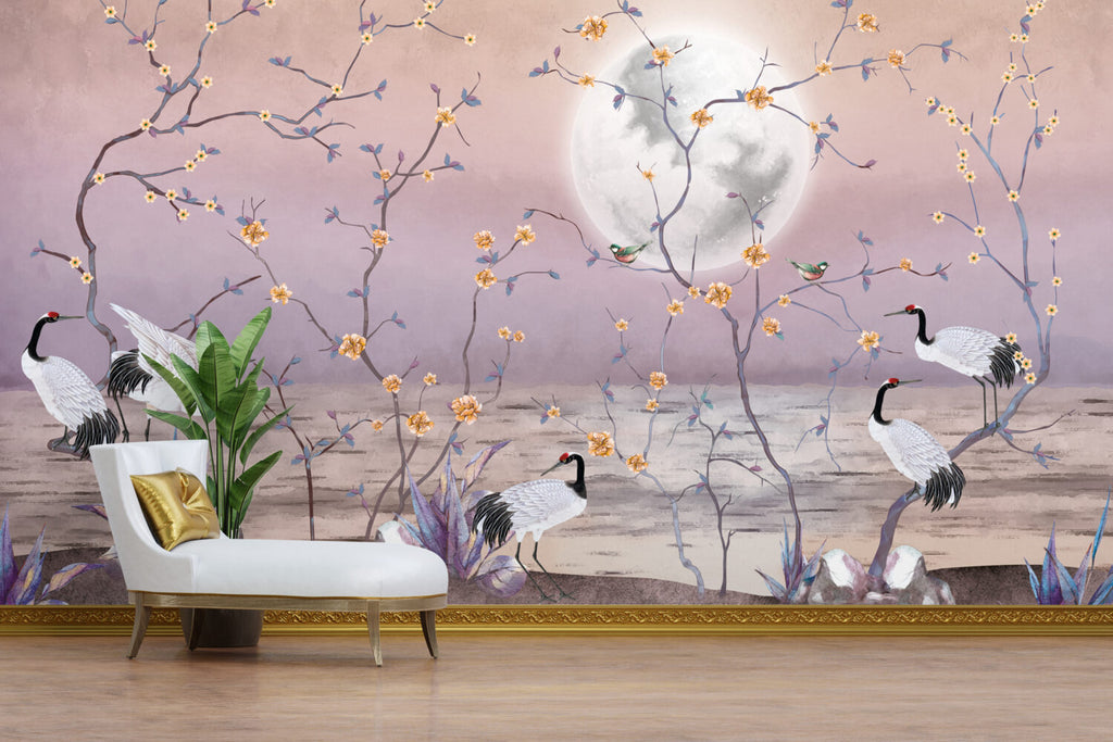 Moonlight Crane Wallpaper : Lilac Chinoiserie Blossom Mural