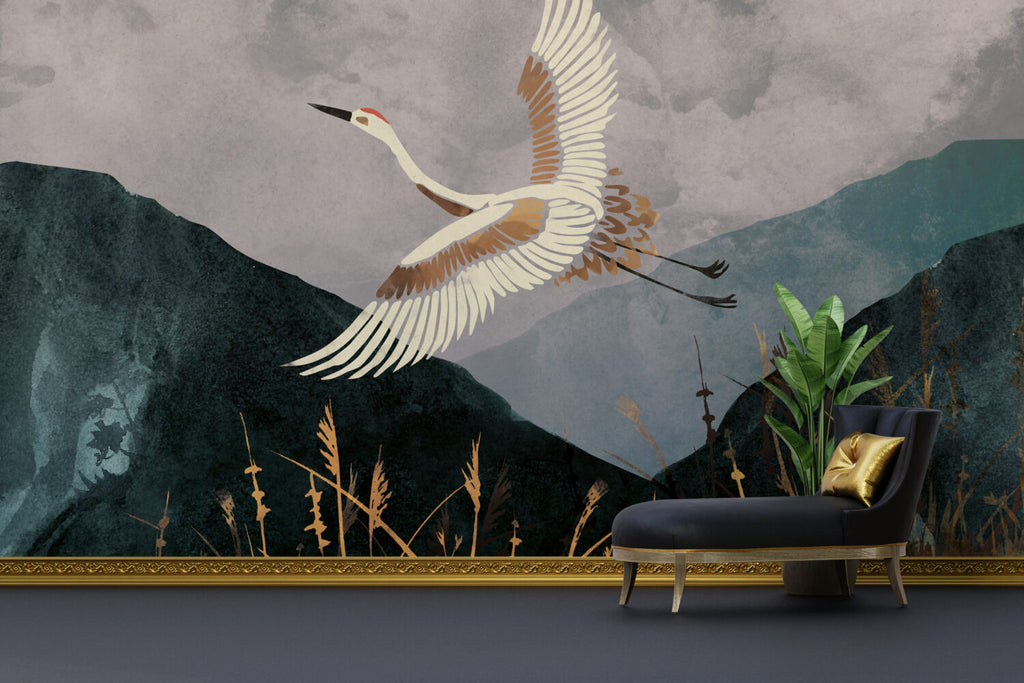 Flying Crane Wallpaper : Dark Mountain Landscape Mural - View 4