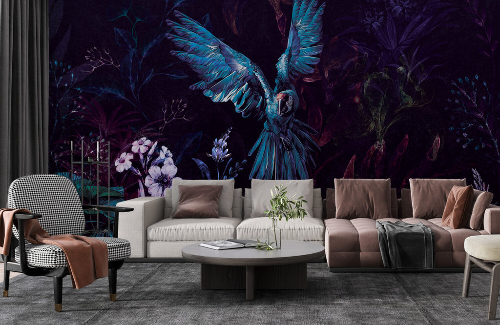 Dark Macaw Wallpaper : Blue Parrots And Night Flowers Mural - View 5