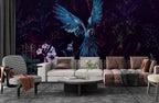 Dark Macaw Wallpaper : Blue Parrots And Night Flowers Mural - View 5