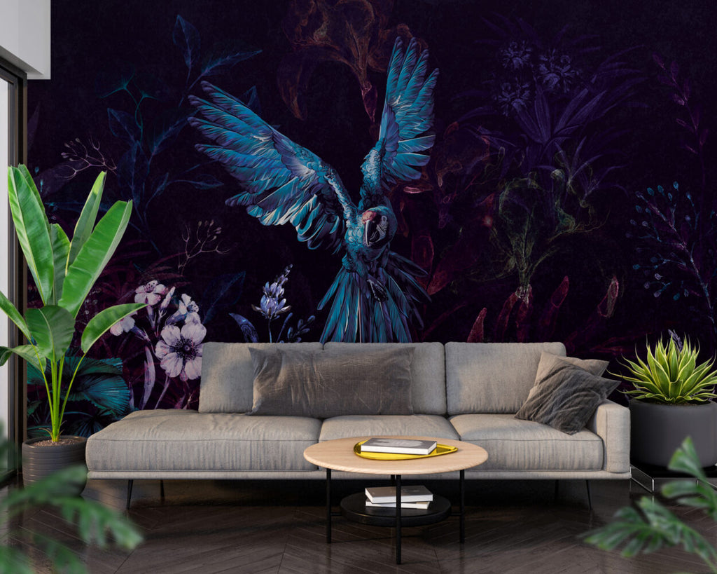 Dark Macaw Wallpaper : Blue Parrots And Night Flowers Mural - View 6