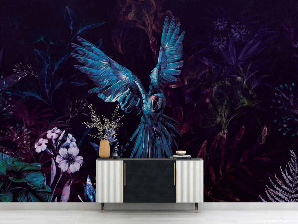 Dark Macaw Wallpaper : Blue Parrots And Night Flowers Mural - View 3