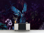 Dark Macaw Wallpaper : Blue Parrots And Night Flowers Mural - View 3