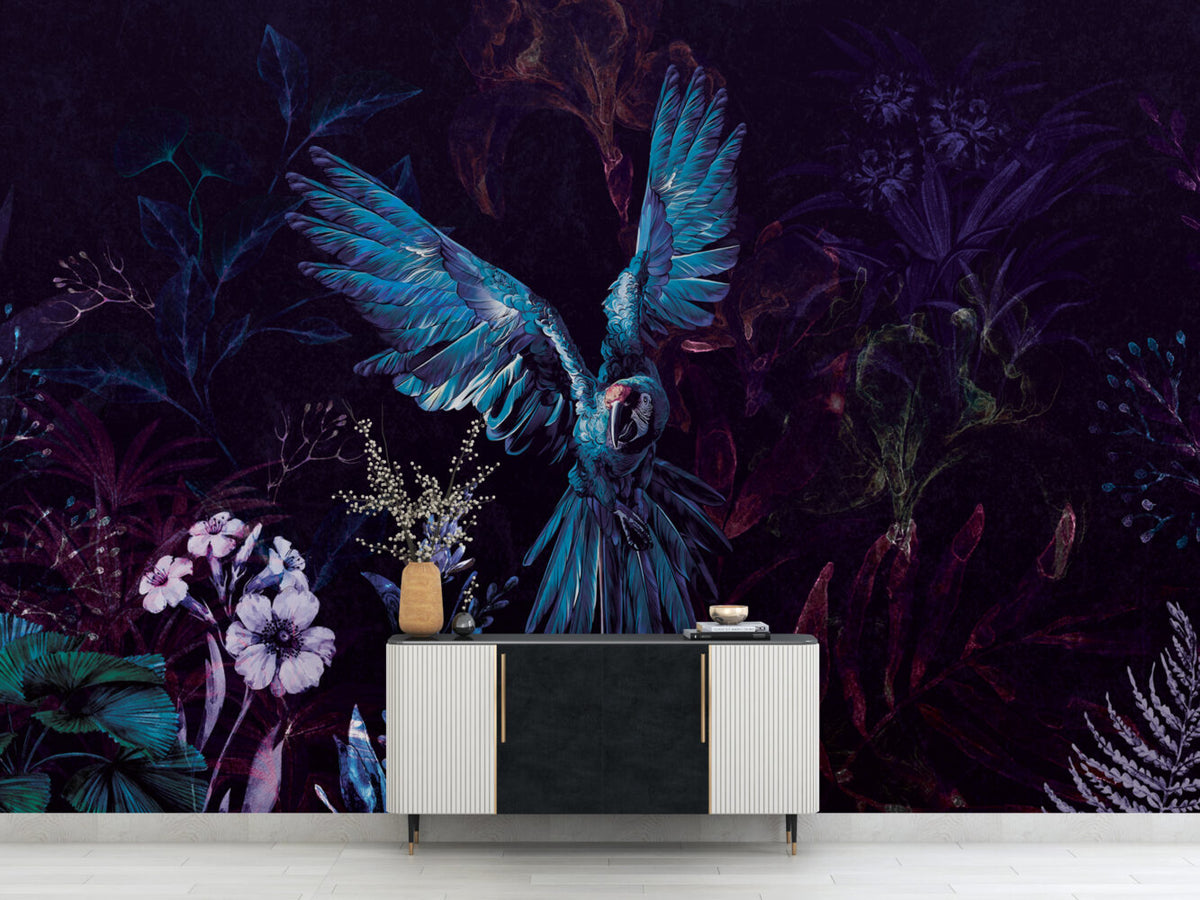 Dark Macaw Wallpaper : Blue Parrots And Night Flowers Mural - View 3