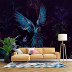 Dark Macaw Wallpaper : Blue Parrots And Night Flowers Mural - View 4