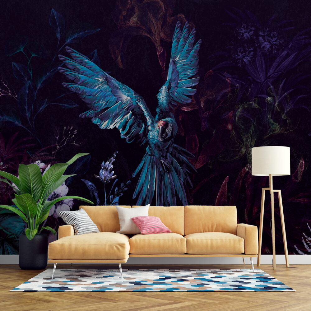 Dark Macaw Wallpaper : Blue Parrots And Night Flowers Mural - View 4
