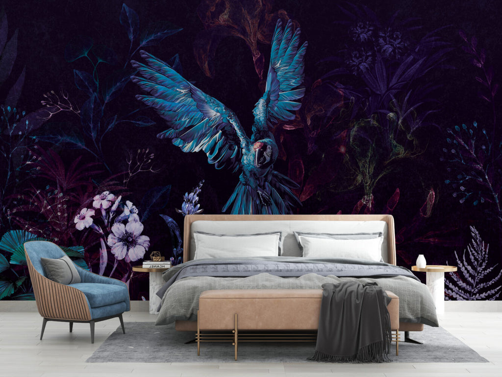 Dark Macaw Wallpaper : Blue Parrots And Night Flowers Mural